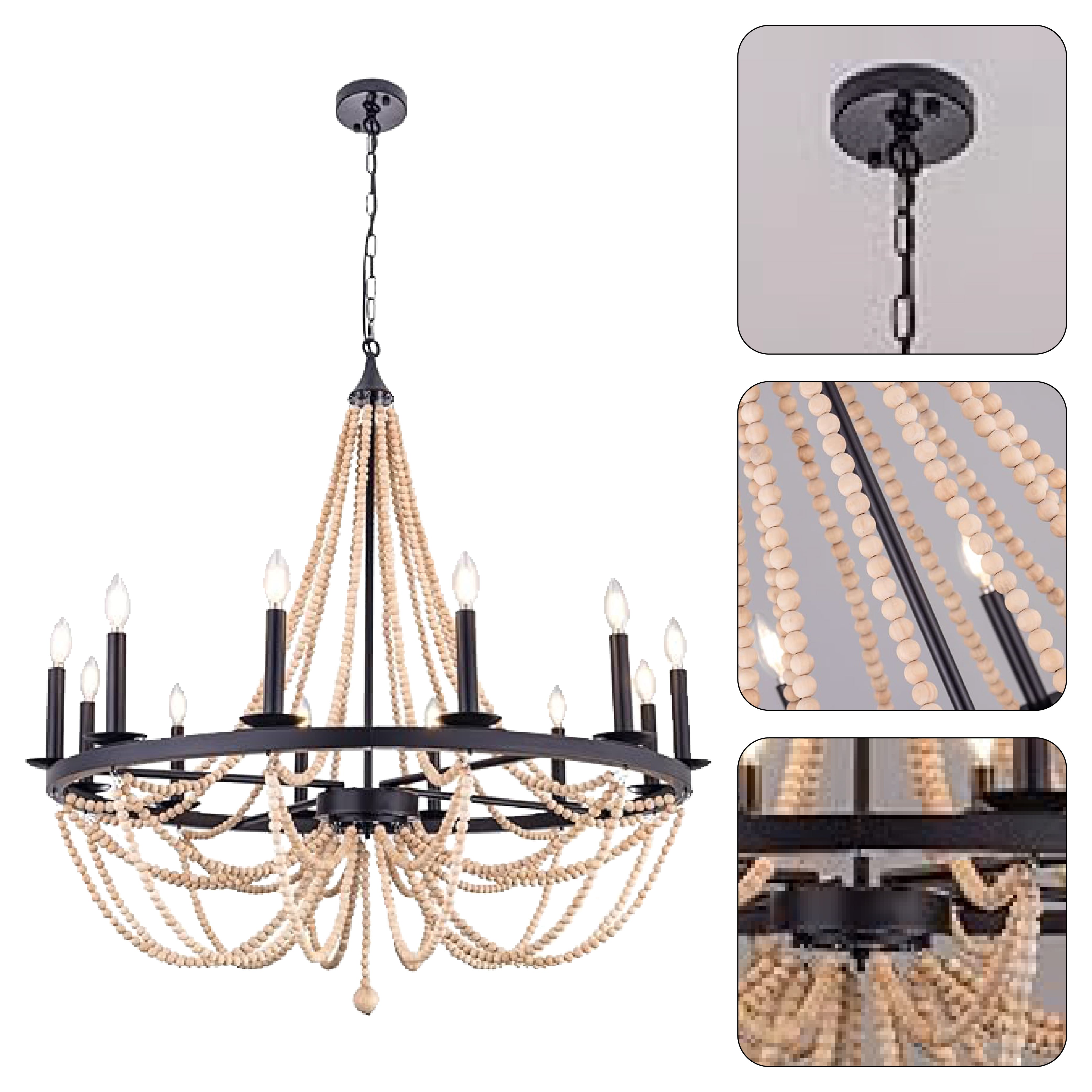 12 Light candle chandelier light Black wagon light wood beads light fixtures