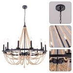 12 Light candle chandelier light Black wagon light wood beads light fixtures