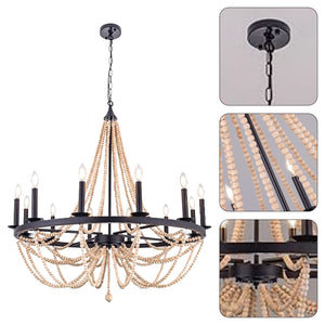 12 Light candle chandelier light Black wagon light wood beads light fixtures