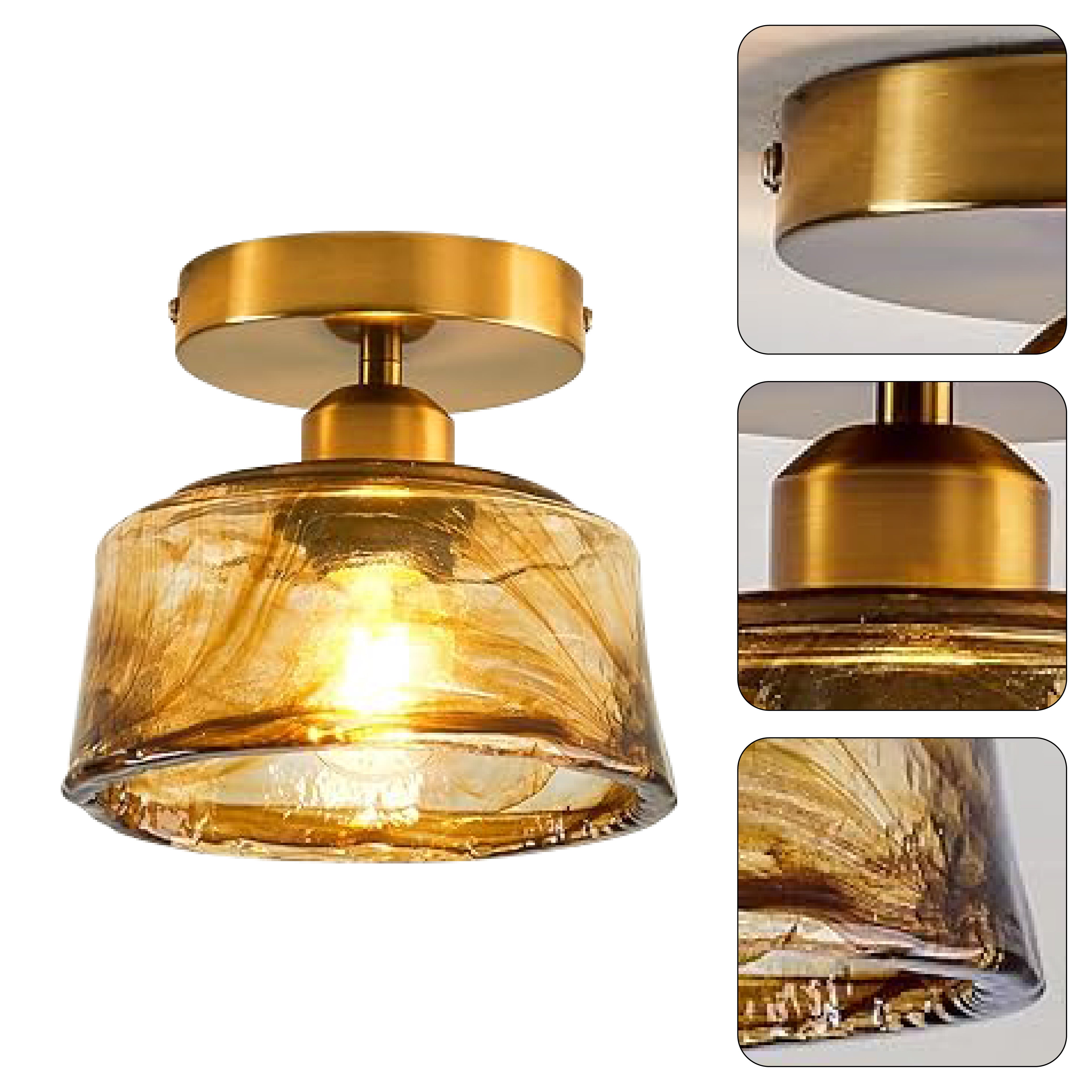 1-light farmhouse kitchen light gold and amber light fixture steel and glass ceiling light