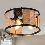 3-Light rattan flush mount ceiling light Black industrial farmhouse decor Metal & Hemp Rope coastal lighting fixtures