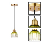 Tulip shape vintage pendant light green gold glass adjustable hanging light metal brass bedroom lamp