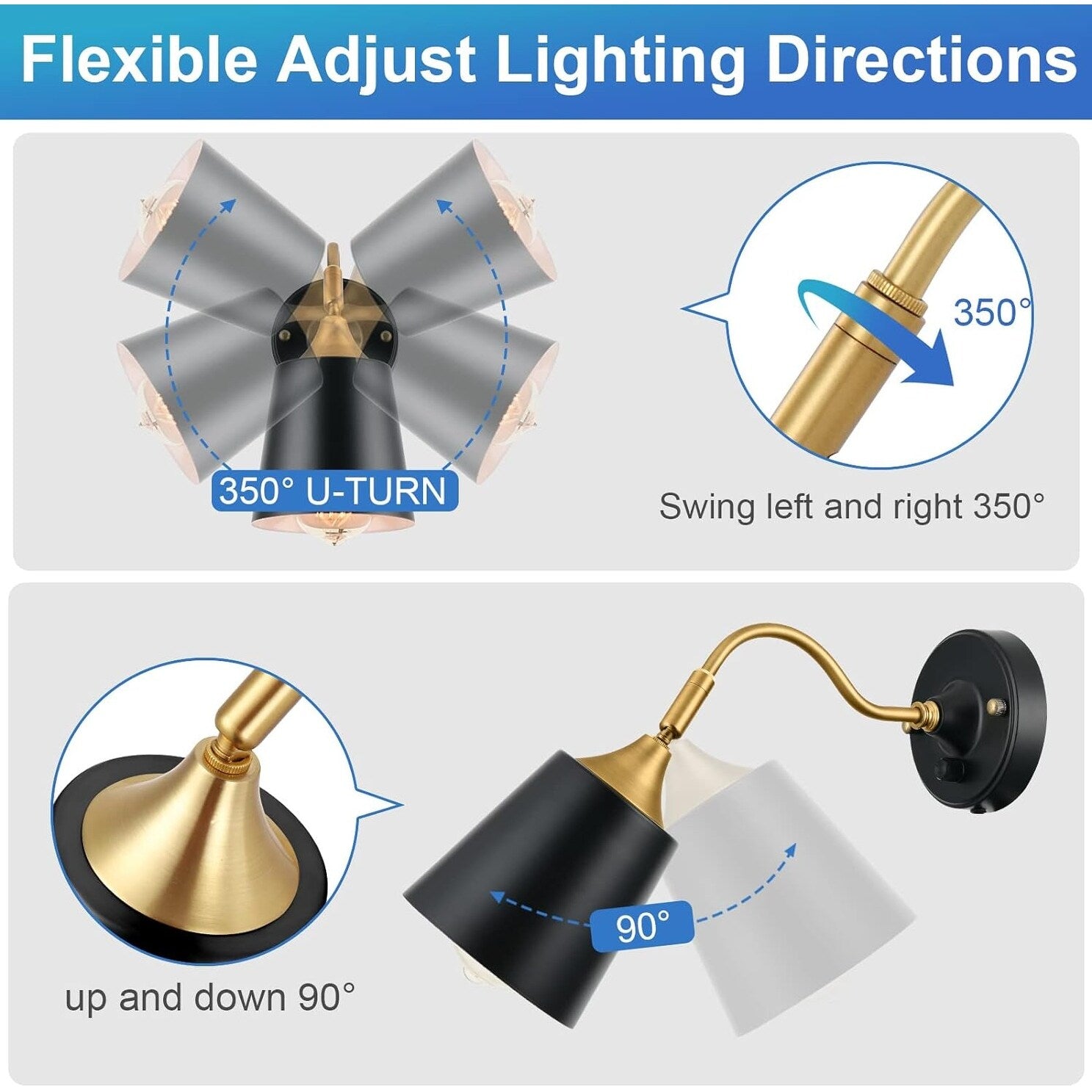 2 Pack sconce light black, gold and white wall light brass mount light