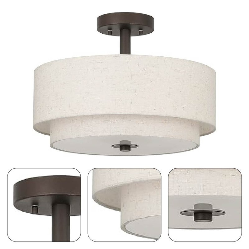 3 Light fixture dark bronze ceiling lighting  fabric ,glass and iron flush mount light