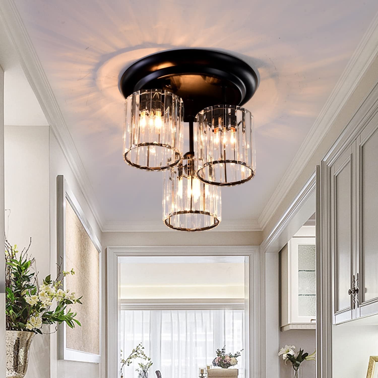 3 light crystal semi flush mount ceiling light black industrial crystal close to ceiling lamp
