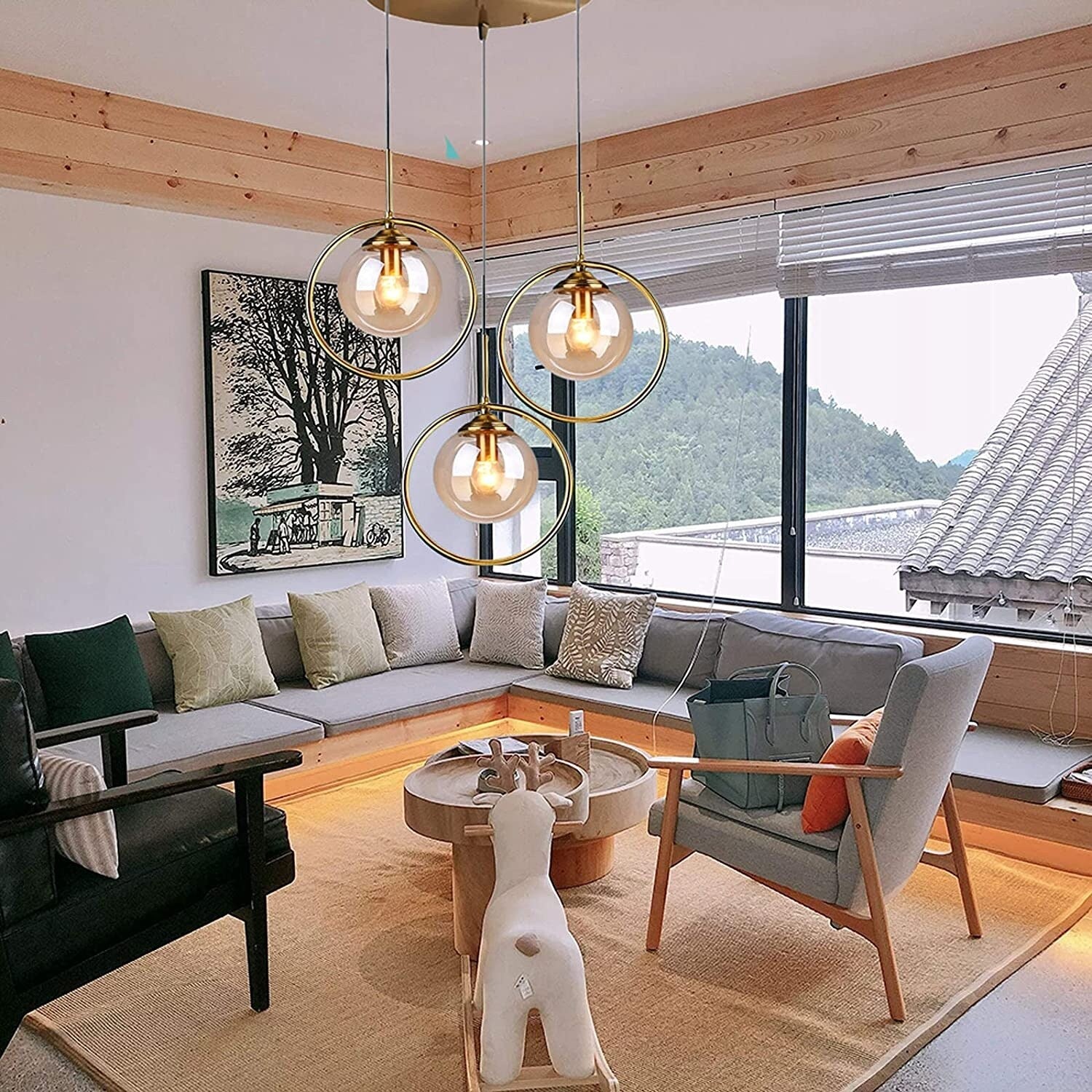 3 light industrial pendant light metal ring chandelier globe glass hanging lamp