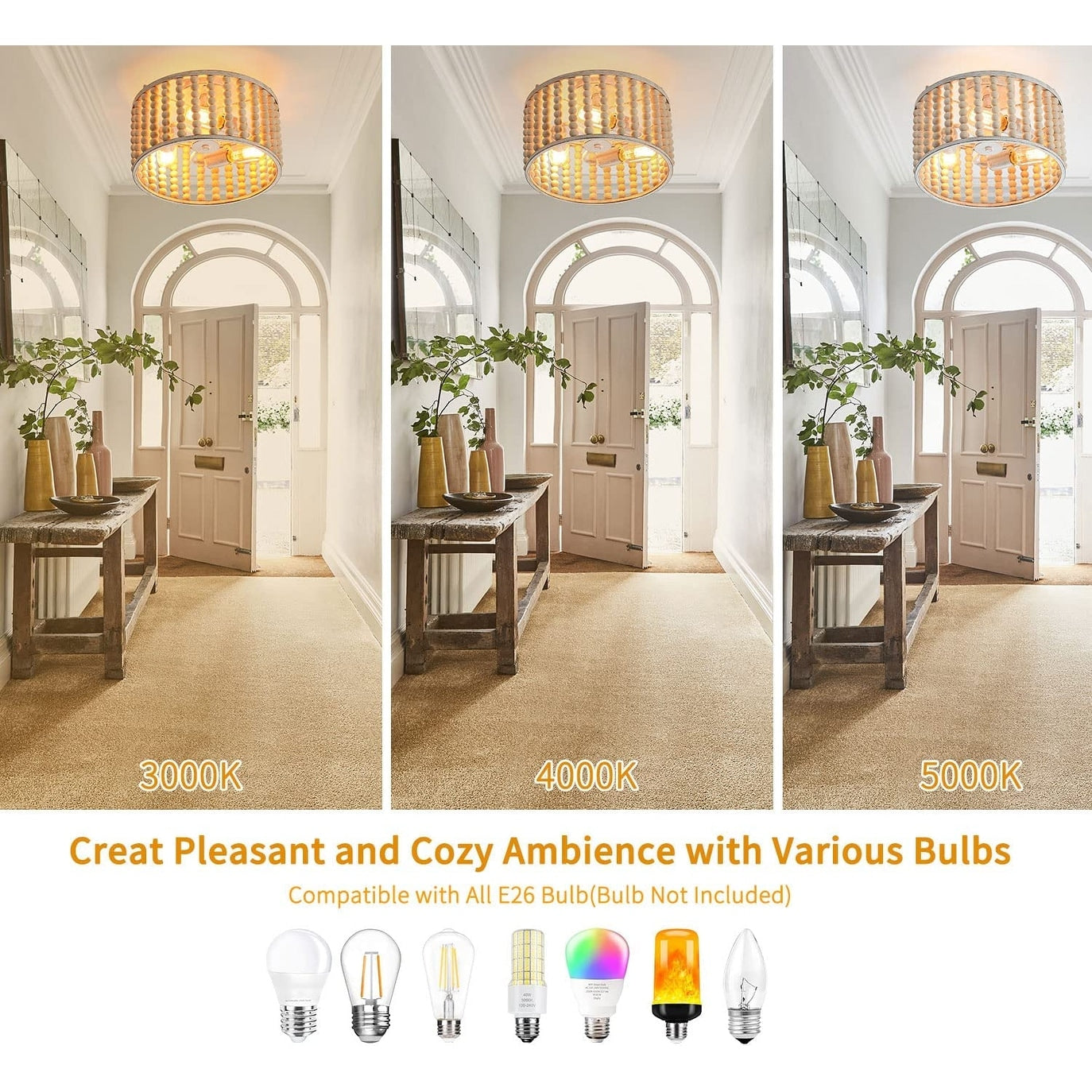 3 light wood beads semi flush mount ceiling light boho ceiling lighting fixture