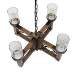 4 light wood chandelier with clear glass shade