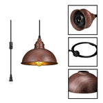 Plug in hanging lamp metal industrial pendant wood brown ceiling light