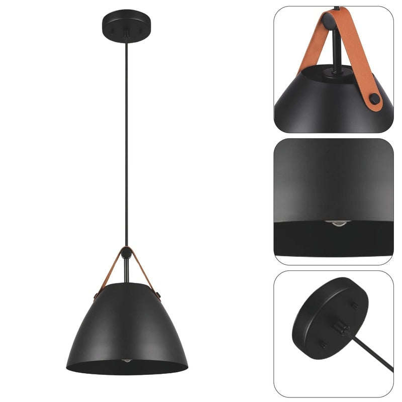 Adjustable height hanging lights matte black island lights leather strap,metal pendant light