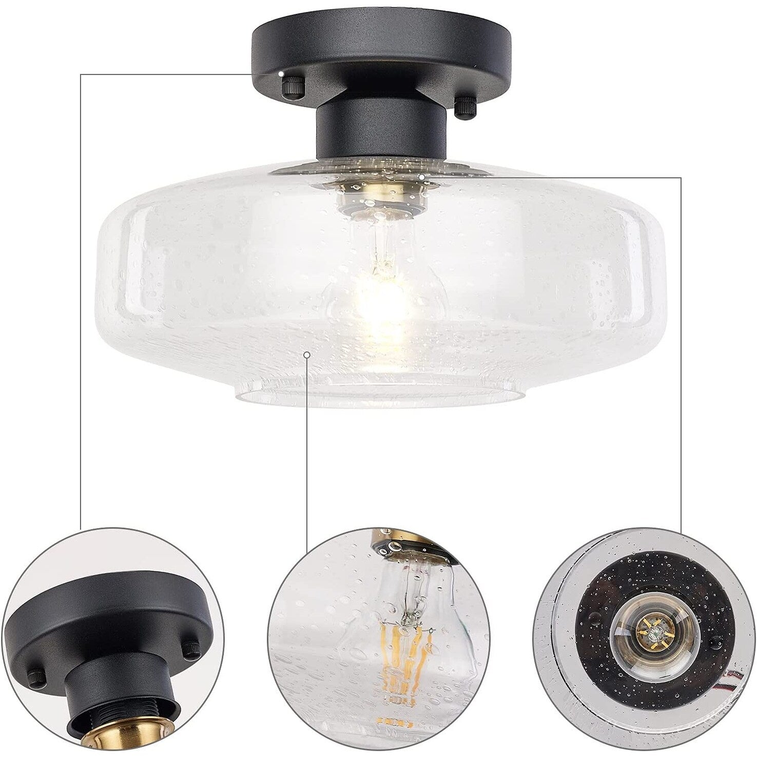 Farmhouse Semi Flush Mount Close to Ceiling Lights industrial black ceiling lighting fixture with glass shade