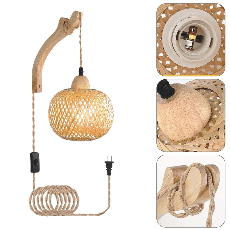 Plug in sconce light orange wall light rope, wood,bamboo,metal, diningroom light