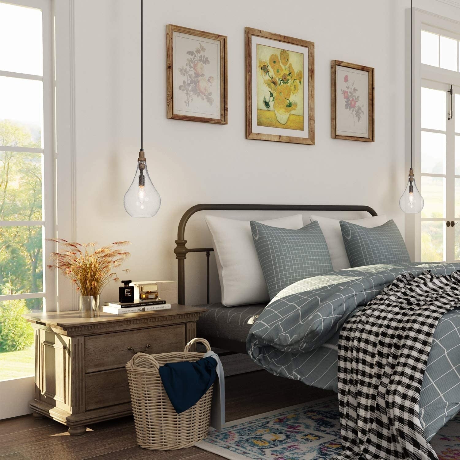 Seeded glass pendant light fixture adjustable wood pendant lamp