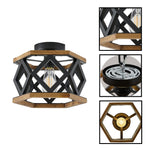 1-Light ceiling fixtures wood rustic semi flush mount metal cage black light bulb