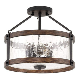 3 light industrial farmhouse ceiling light textured black wood style ceiling lamp with crackled glass shade