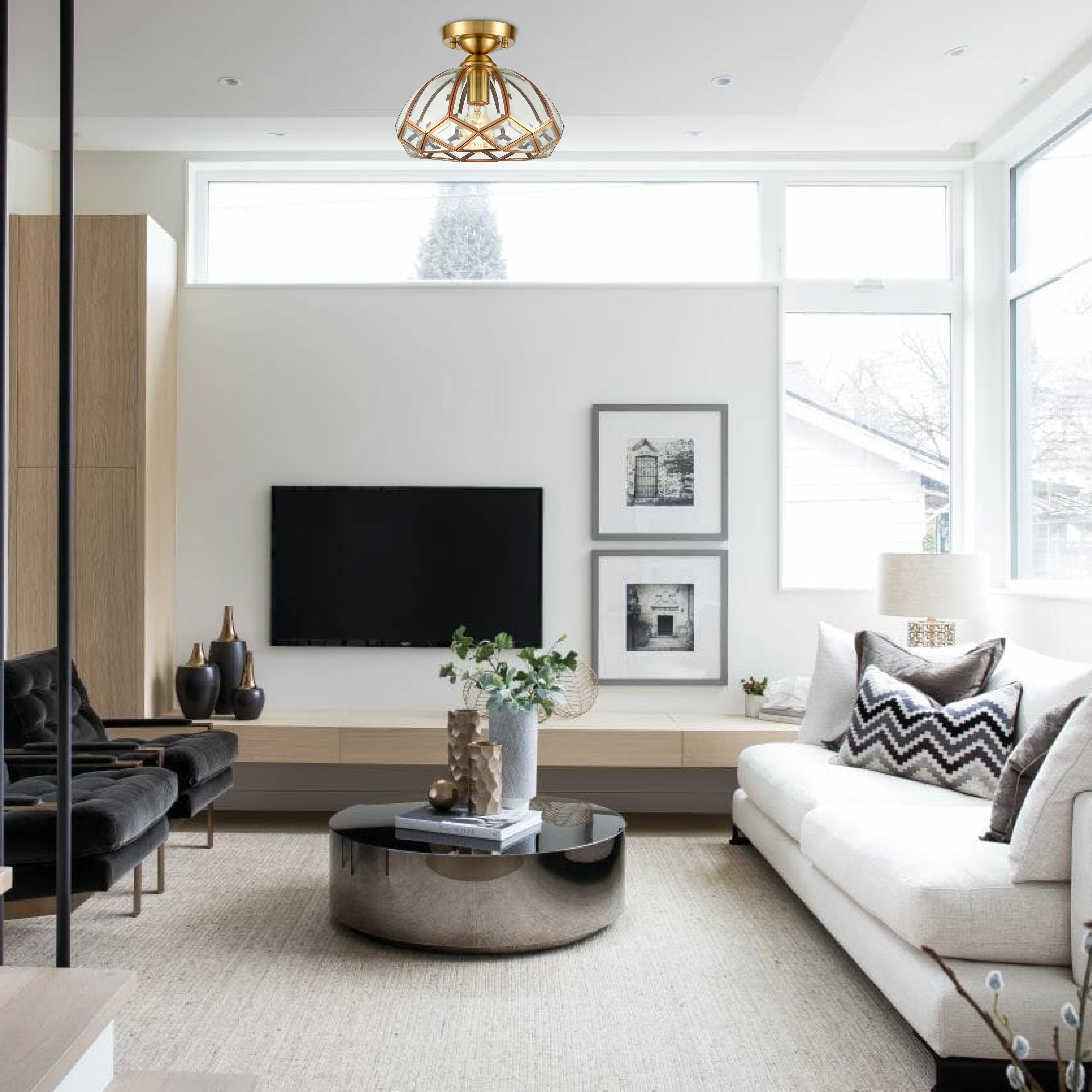 1-Light dimmabl hallway light gold and clear semi flush lamp steel and glass ceiling light