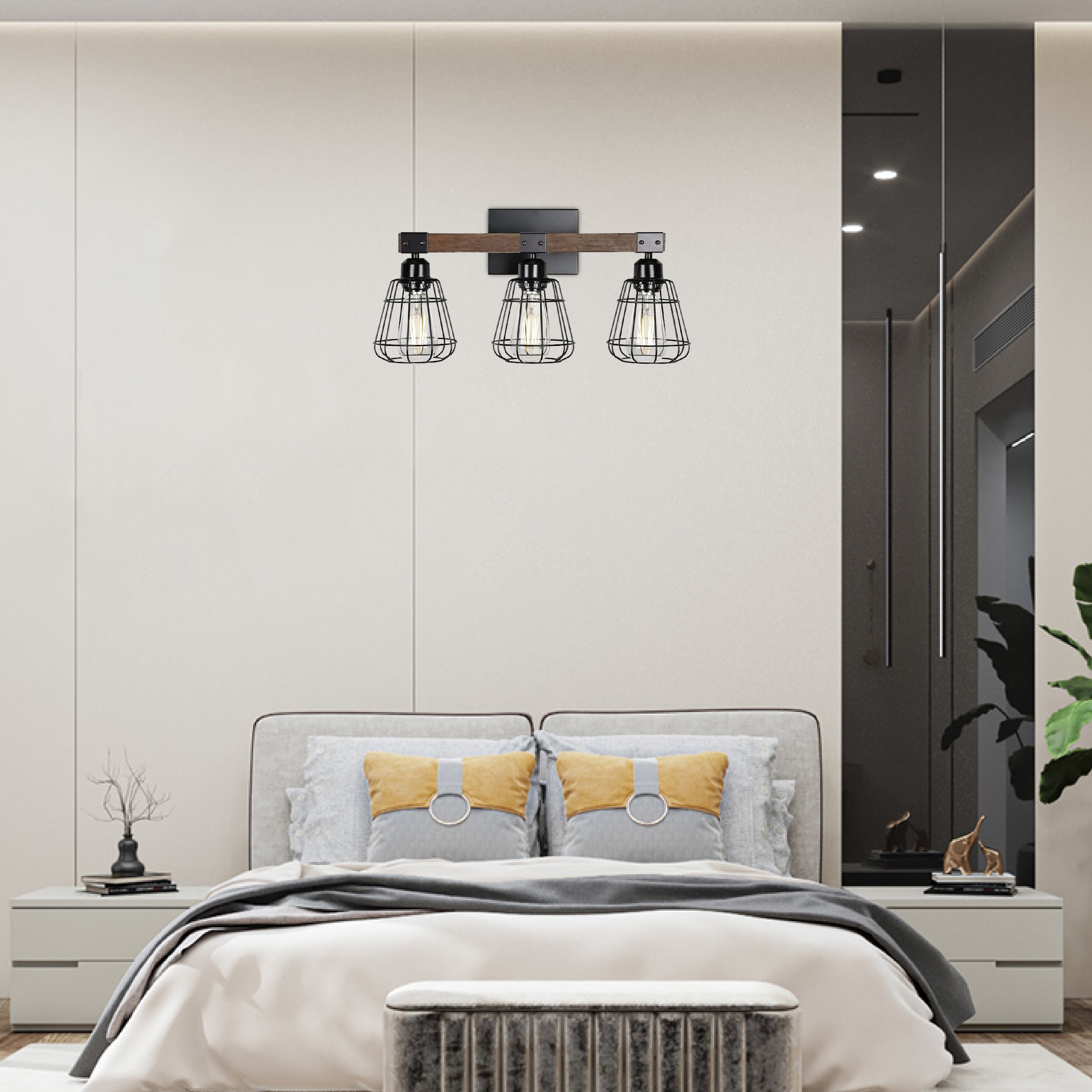 3-Light farmhouse vanity light black and walnut bathroom lighting iron and wood wall light