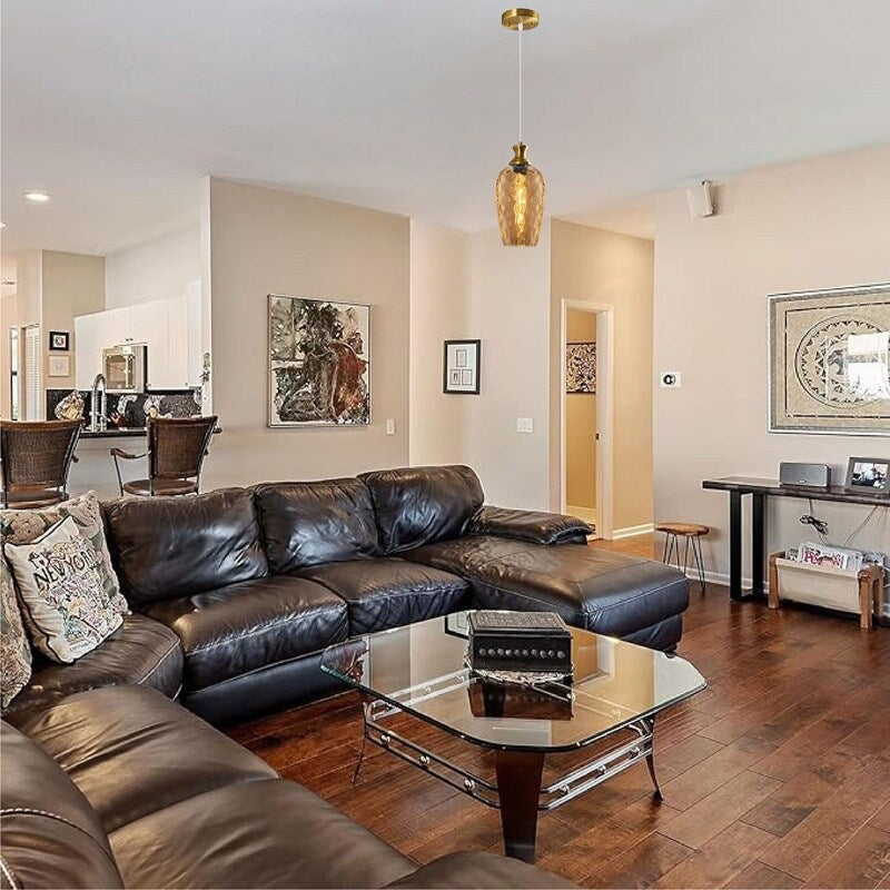 2 Pack light fixture gold and amber hanging lights glass, metal pendant lights