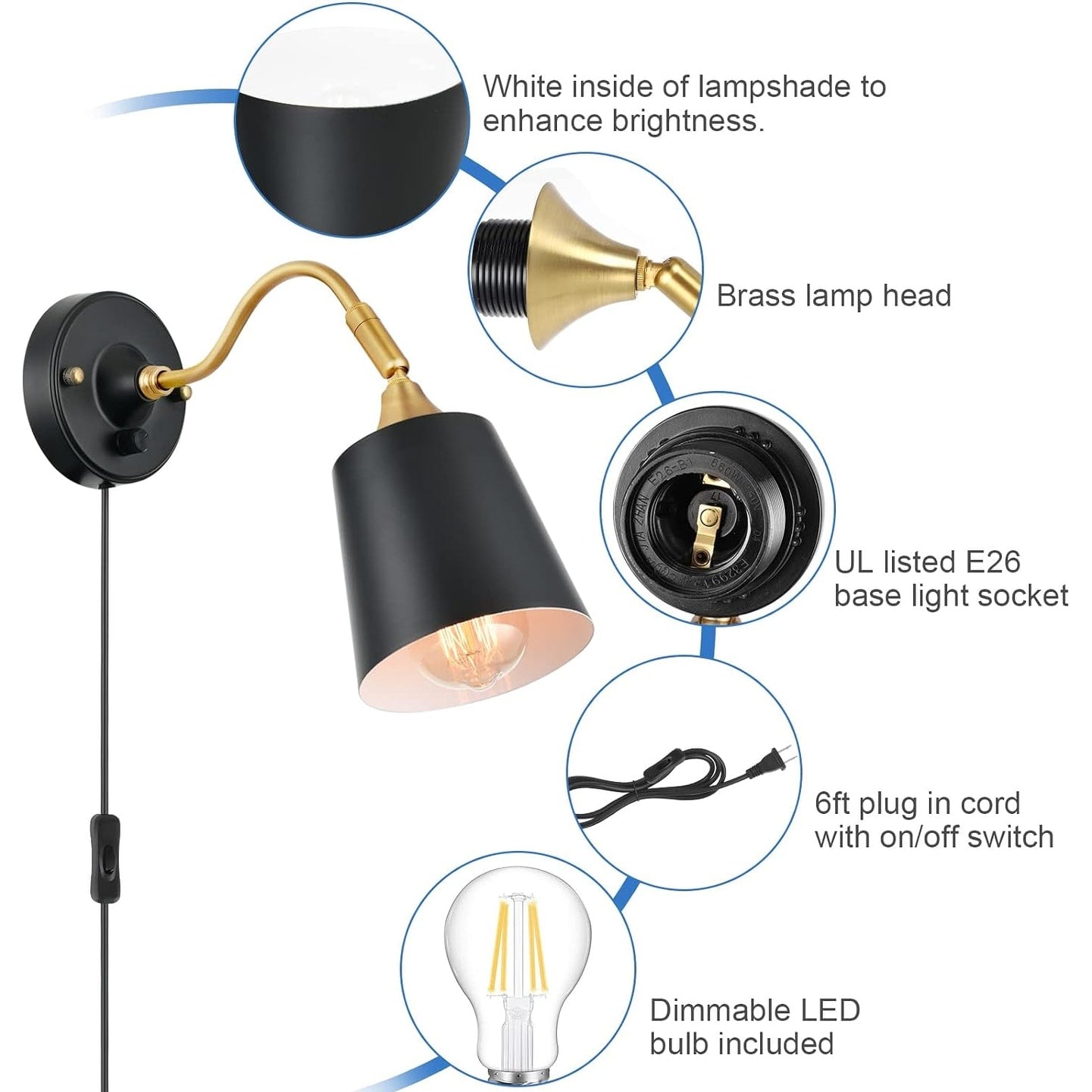 2 Pack sconce light black, gold and white wall light brass mount light