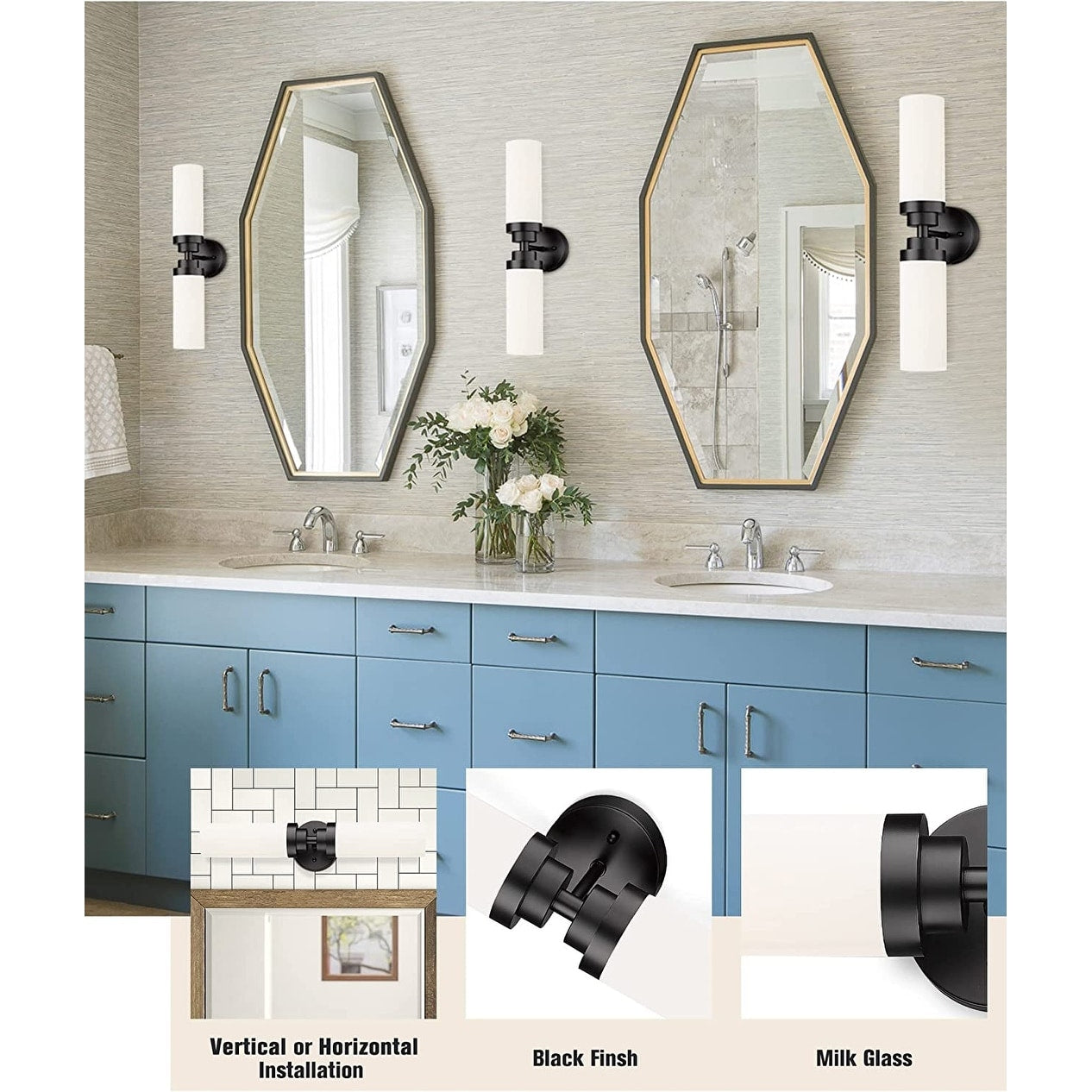 2 light black vanity wall light modern wall sconces with milk glass shade