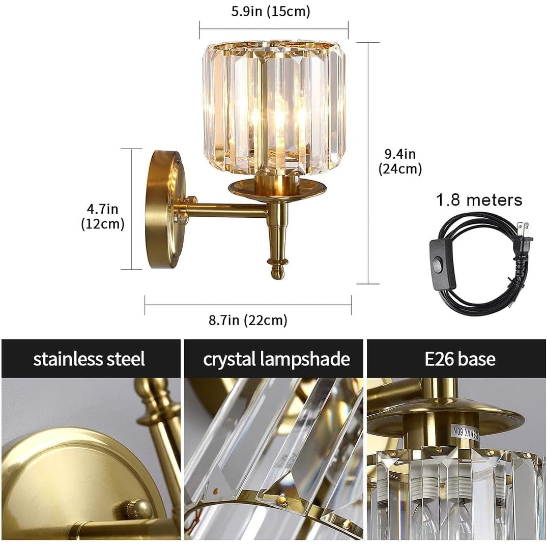 2 pack plug in wall light fixture LED crystal wall lighting bathroom indoor wall lamp