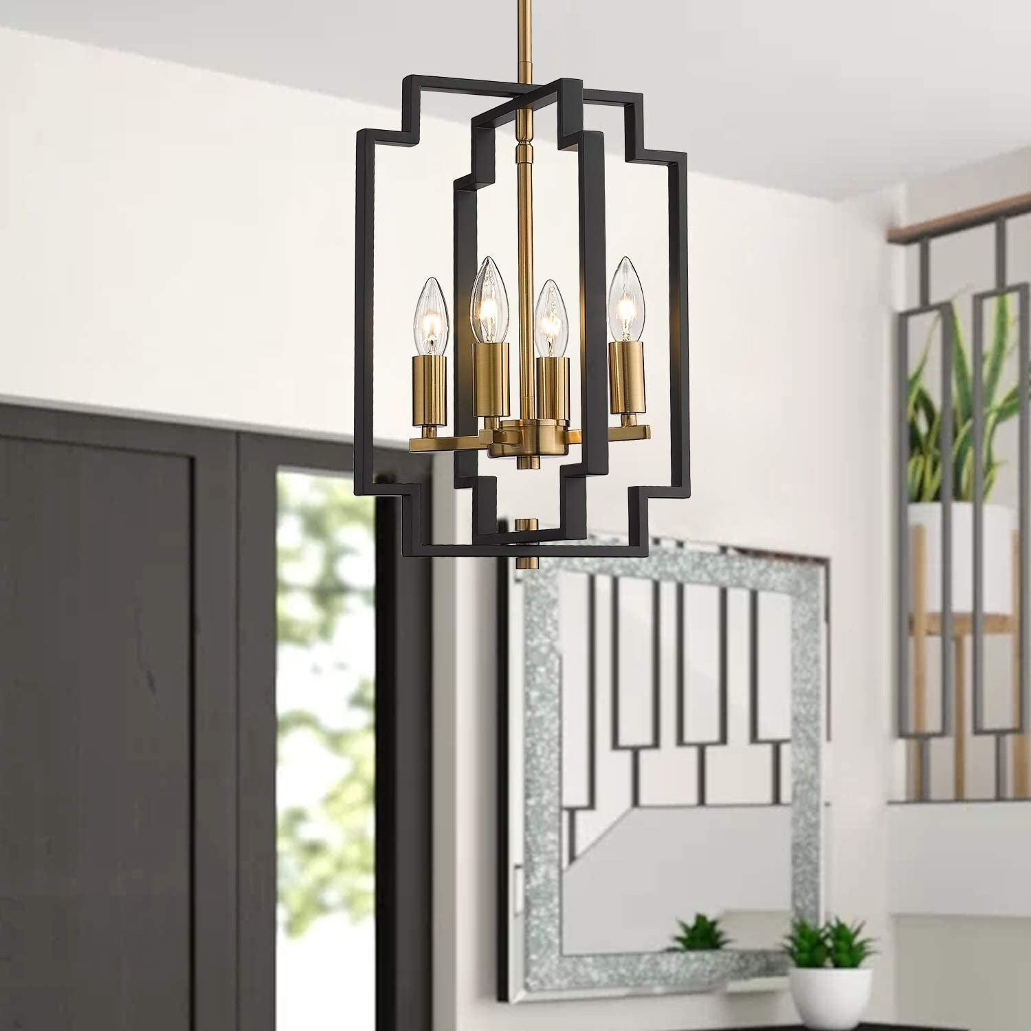 4 light vintage lantern chandelier farmhouse dining hanging light black and gold pendant light fixture