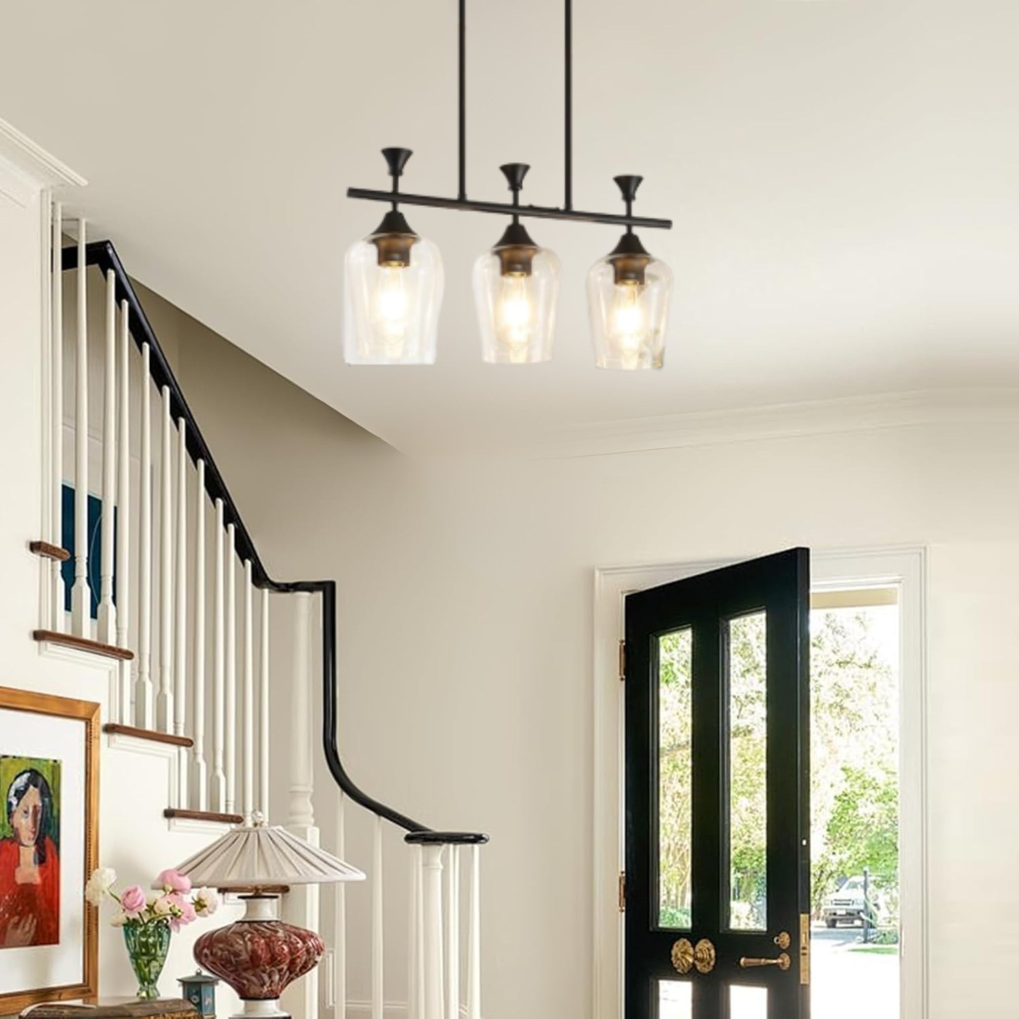 3 Light dining light fixtures matte black hanging lighting glass, meta ...