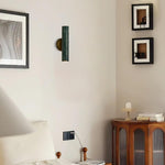 Contemporary cylinder wall sconce stone brass wood, iron light green wall lamp