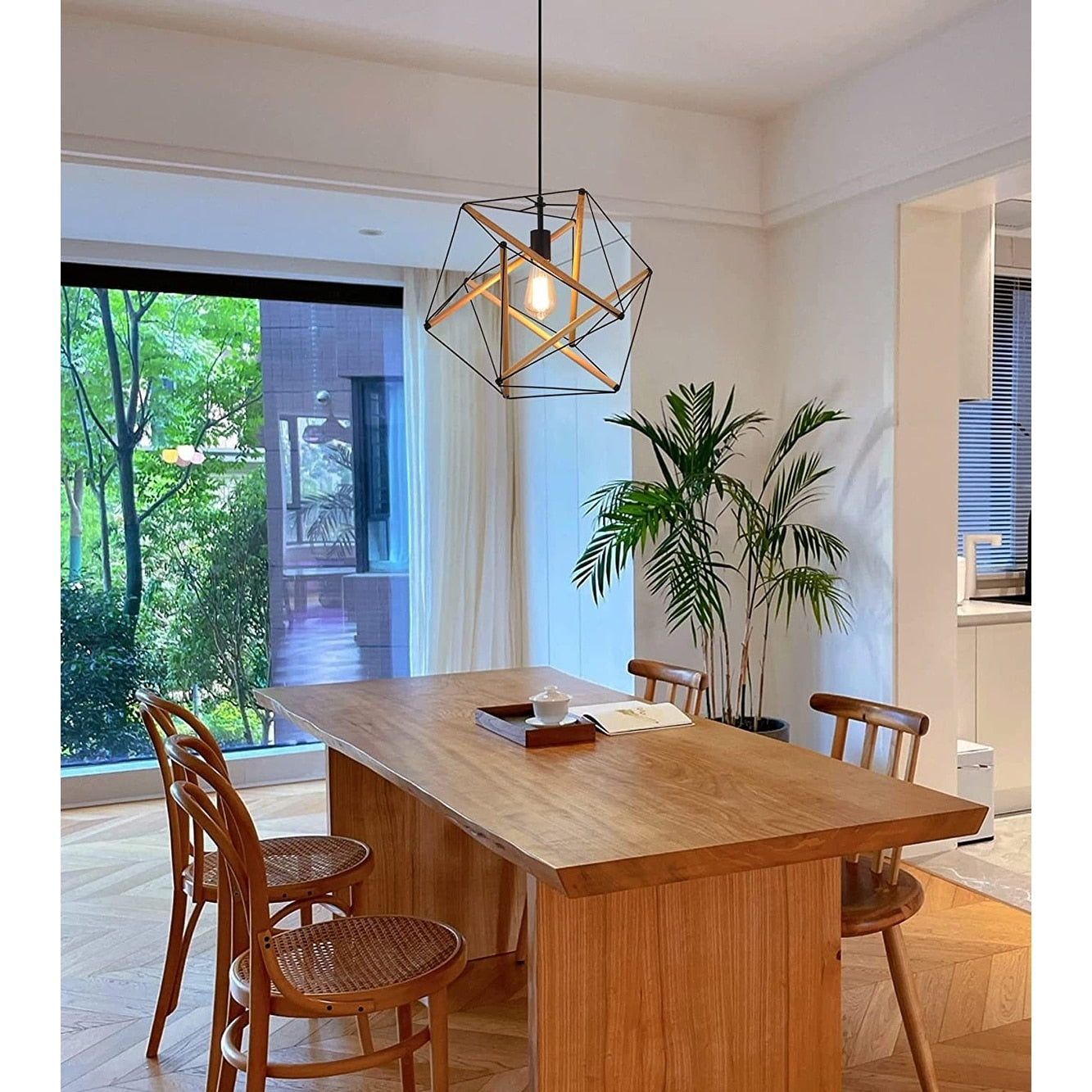 Black geometric art deco hanging pendant light wood industrial cage chandelier fixture