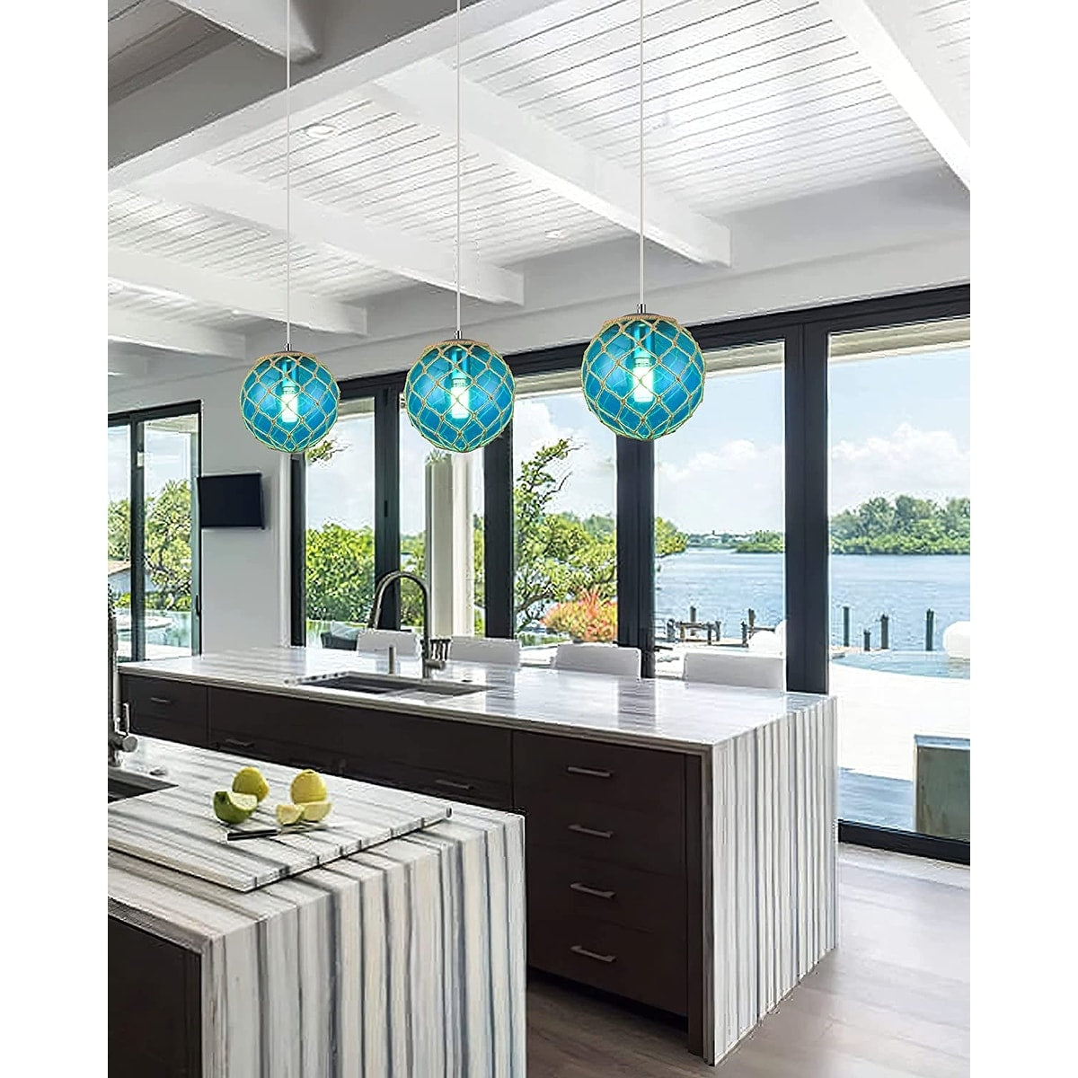 Blue globe pendant light coastal nautical hanging pendant lights