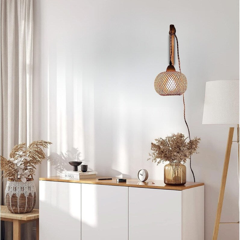 Plug in sconce light orange wall light rope, wood,bamboo,metal, diningroom light