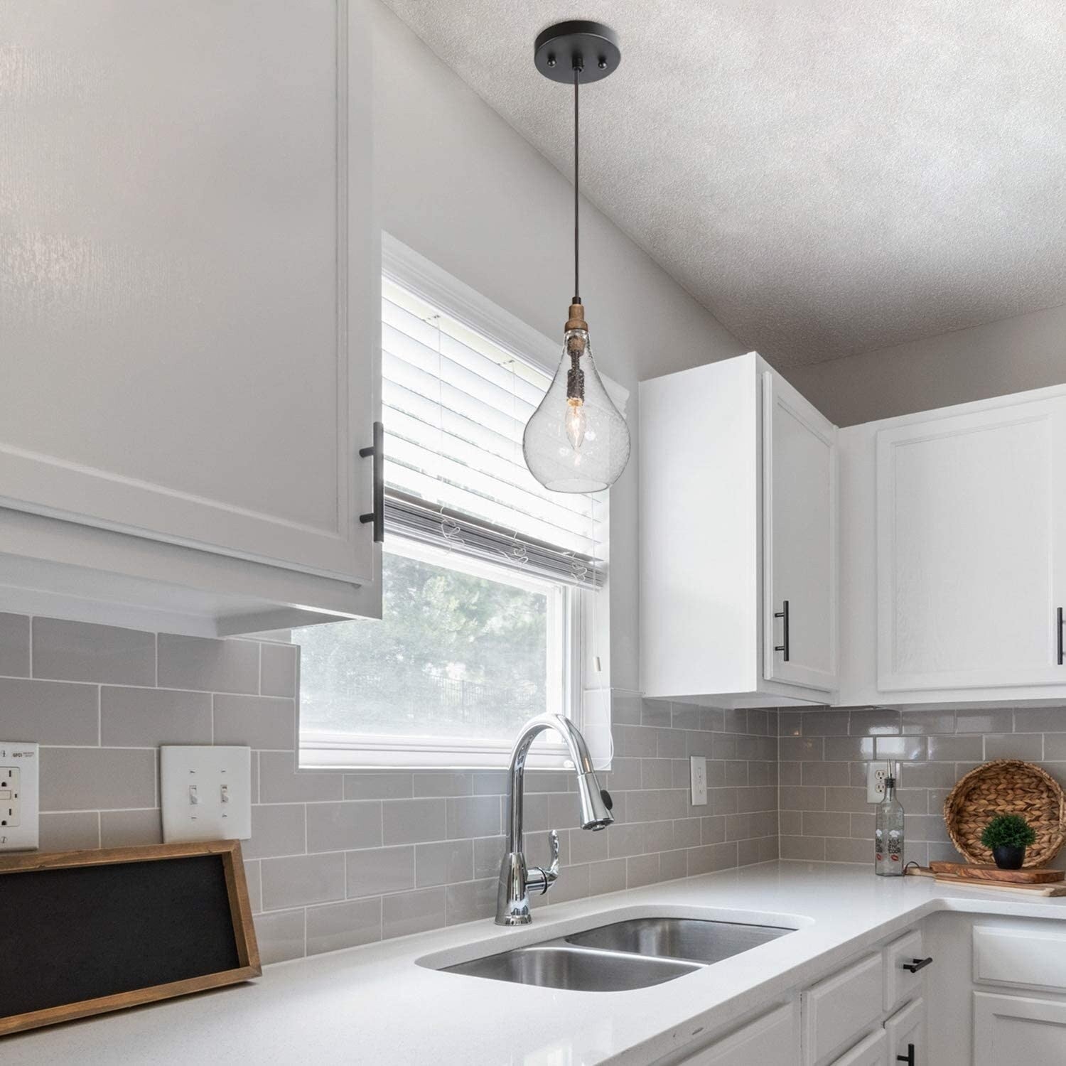 Seeded glass pendant light fixture adjustable wood pendant lamp