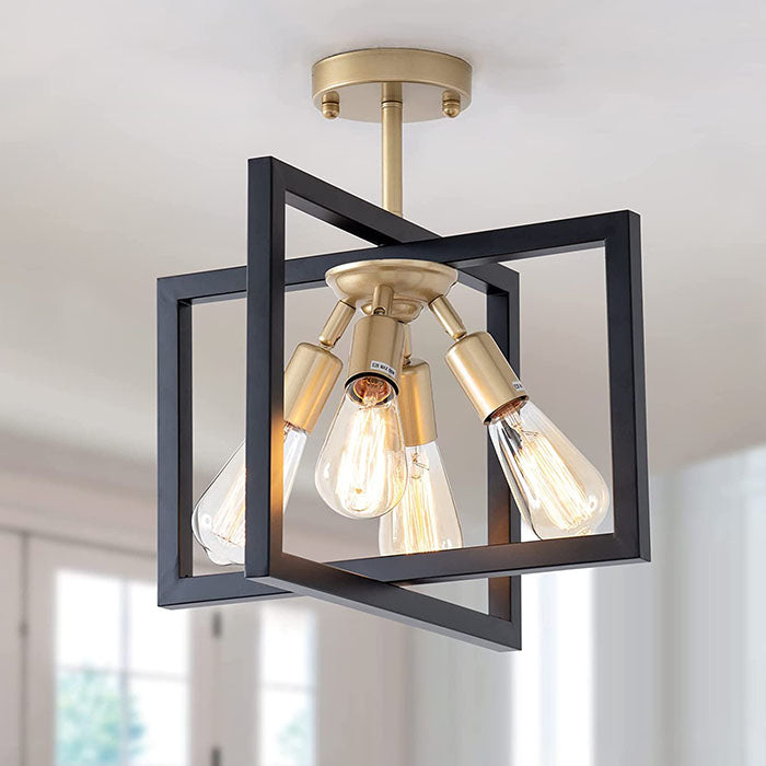 4 light industrial ceiling light fixture black and gold rectangle flush mount lighting fixture