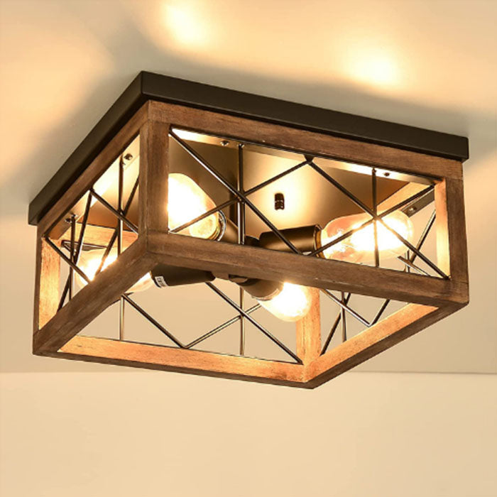 4 light wood ceiling light fixture farmhouse square black cage flush mount lamp