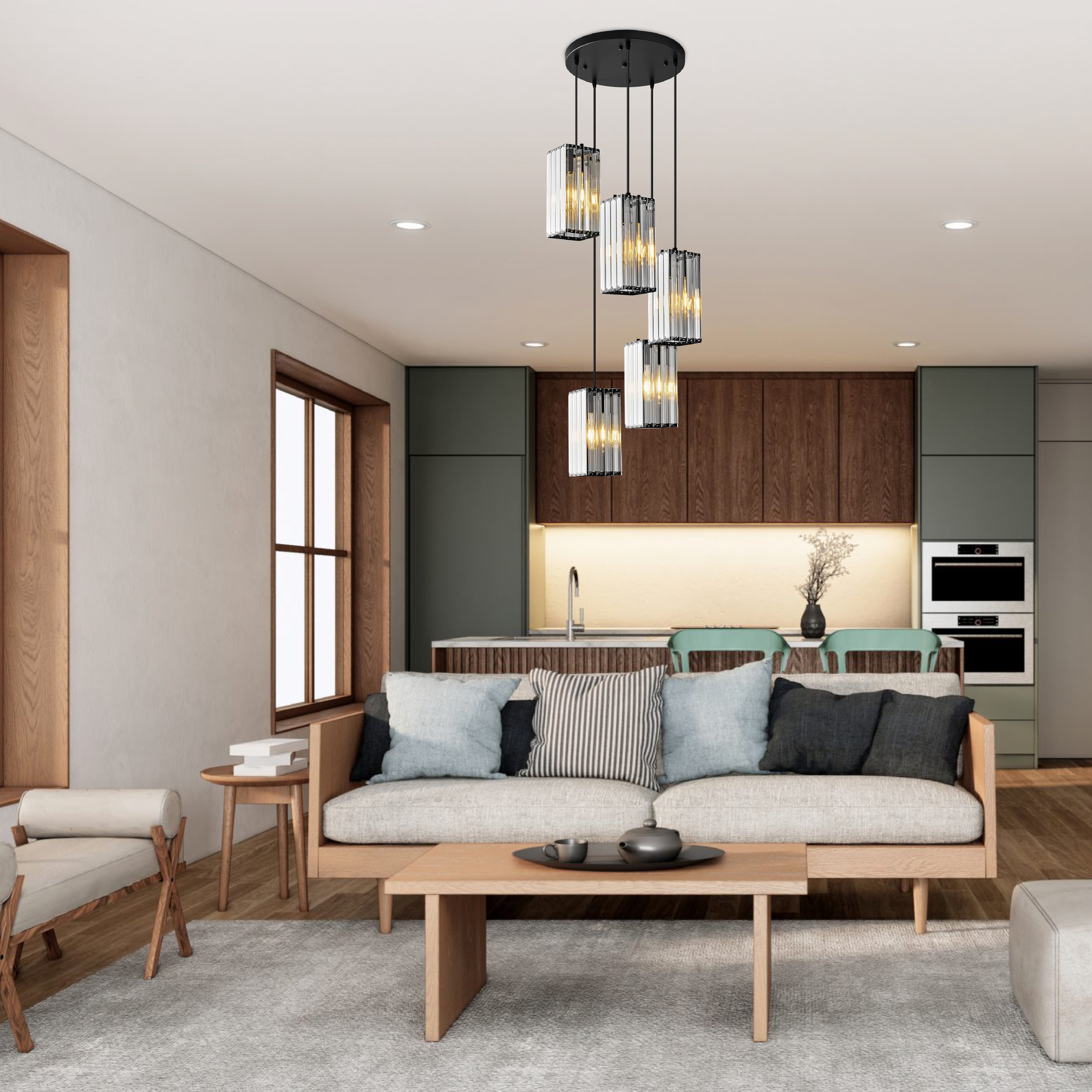 5-Light modern pendant lighting black and transparent hanging lighting crystal island lights