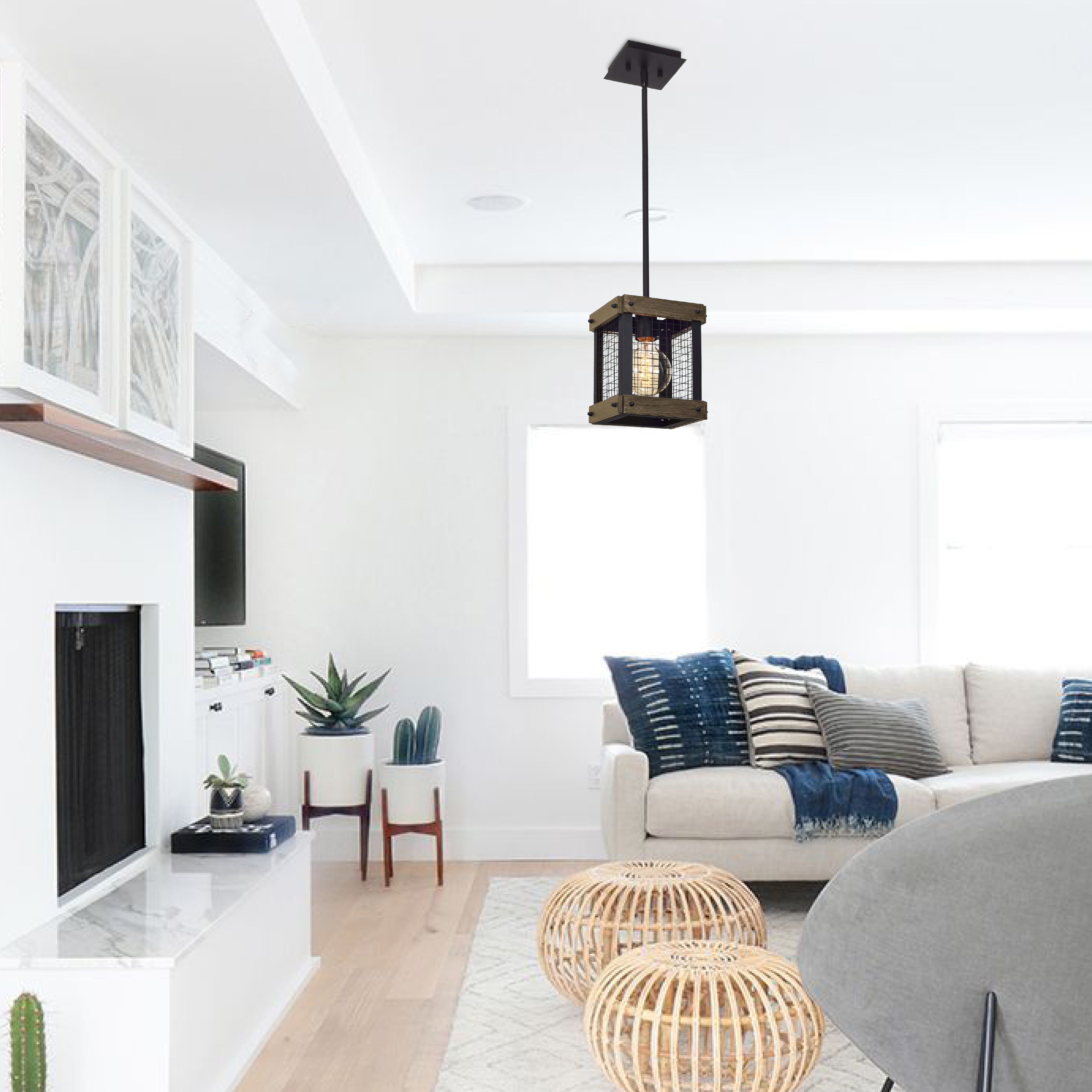 9" Farmhouse hanging light ‎textured black and walnut kitchen light iron and wood pendant light