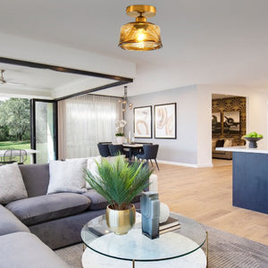 1-light farmhouse kitchen light gold and amber light fixture steel and glass ceiling light