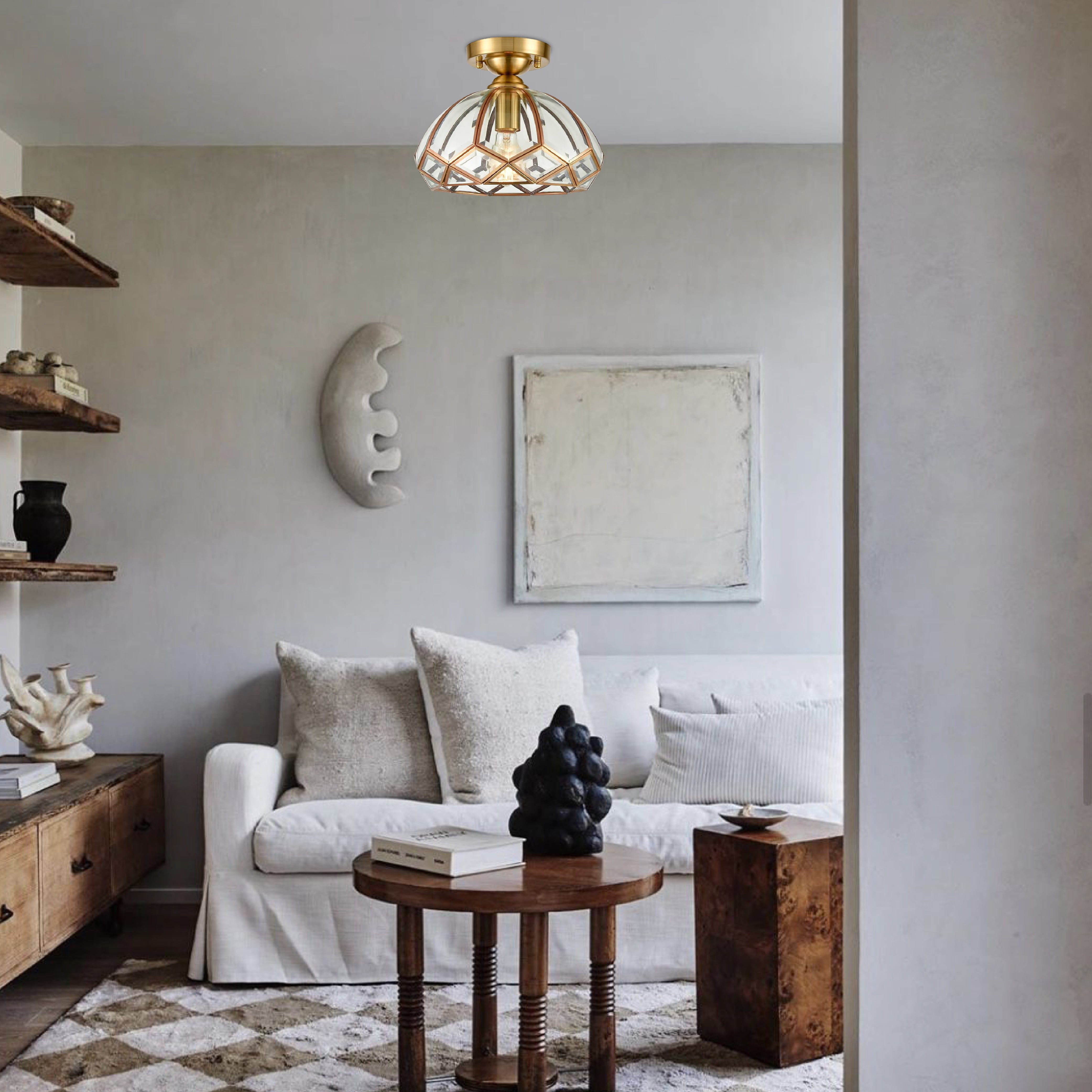 1-Light dimmabl hallway light gold and clear semi flush lamp steel and glass ceiling light