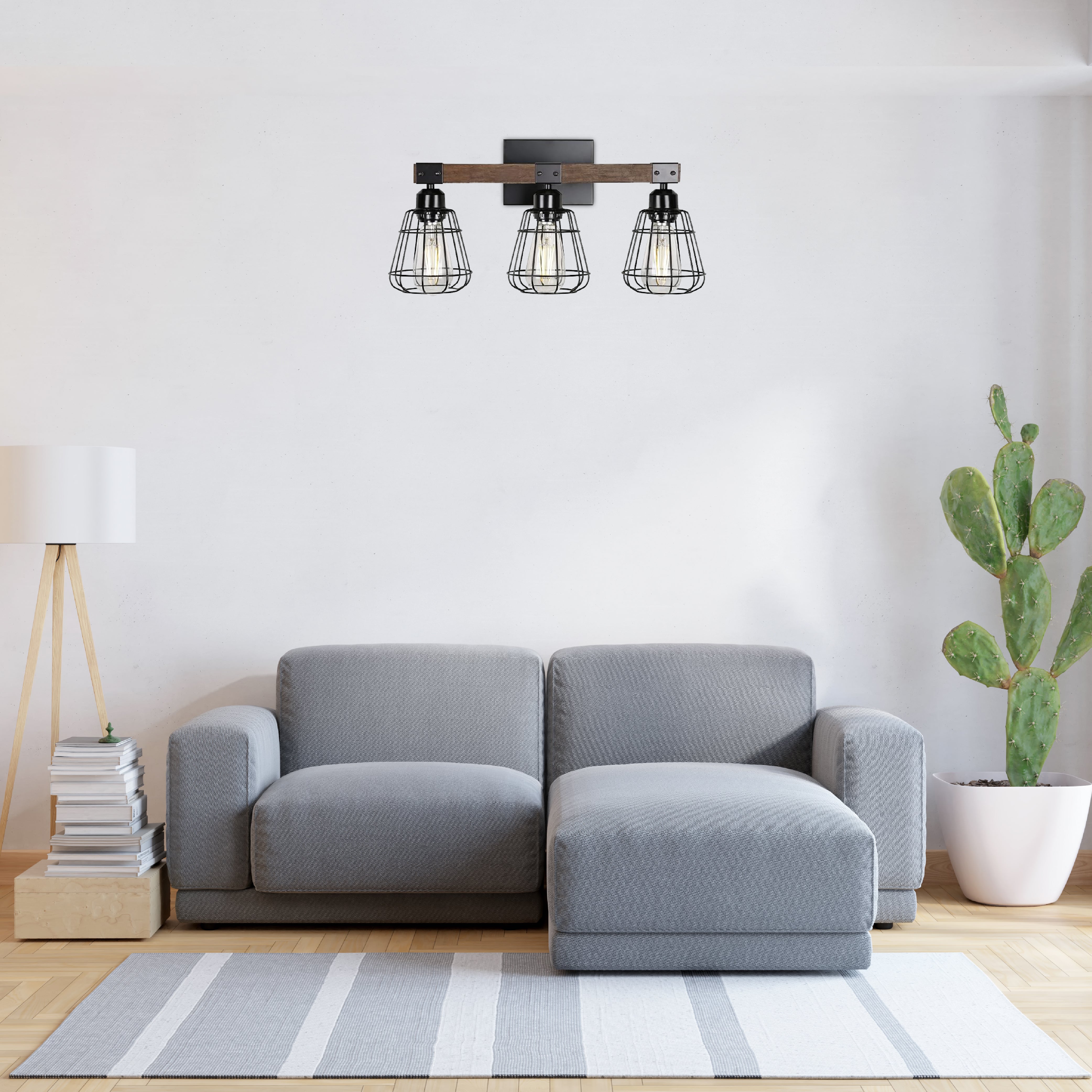 3-Light farmhouse vanity light black and walnut bathroom lighting iron and wood wall light