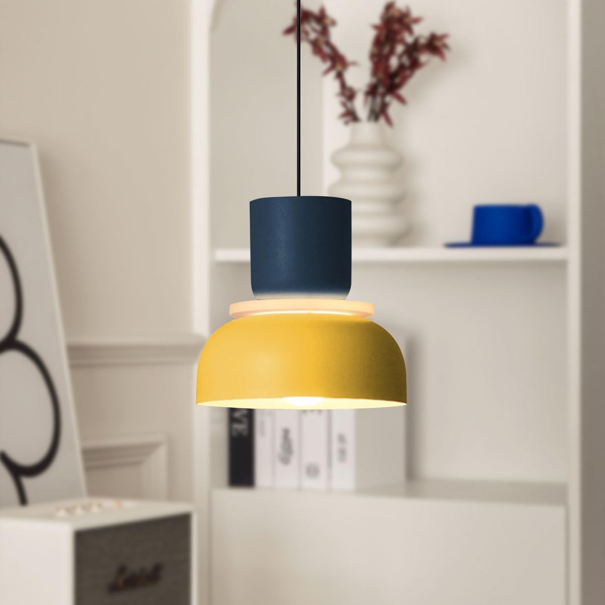 Industrial dining room light yellow and blue hanging light aluminum acrylic pendant light