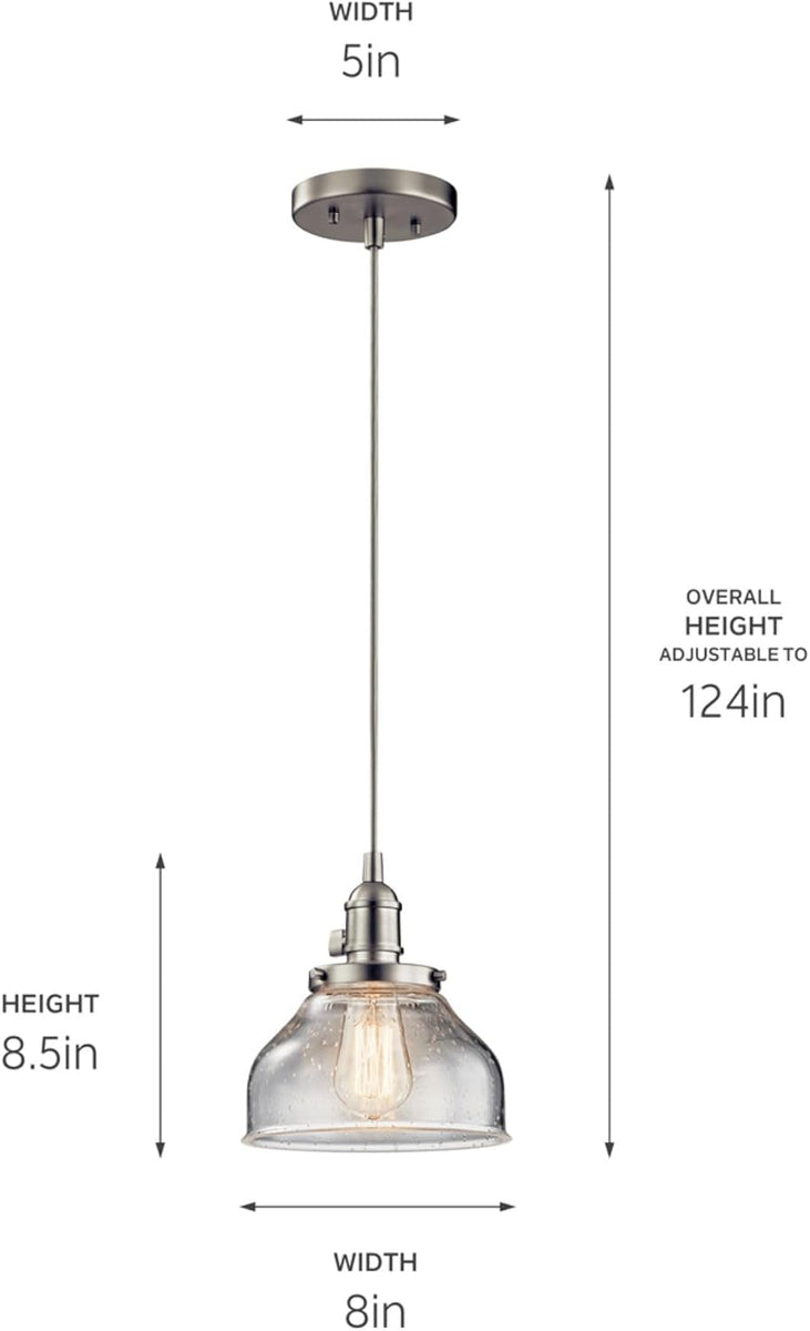 Pendant light brushed nickle mini bell light alloy steel, glass seeded ...