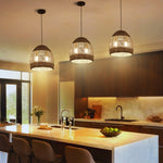 2-light hanging chandelier wood black pendant light rattan ceiling fixture