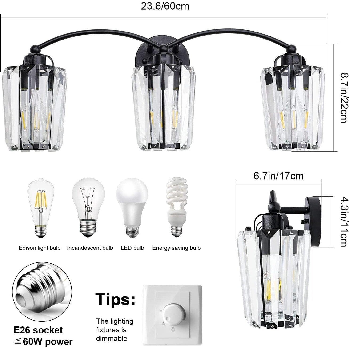 3 crystal vanity light fixture black bathroom wall light crystal wall lights lamp