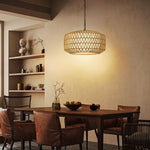 5 Light dining light fixtures brown hanging lighting linen, metal, rattan pendant light