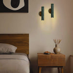 Contemporary cylinder wall sconce stone brass wood, iron light green wall lamp