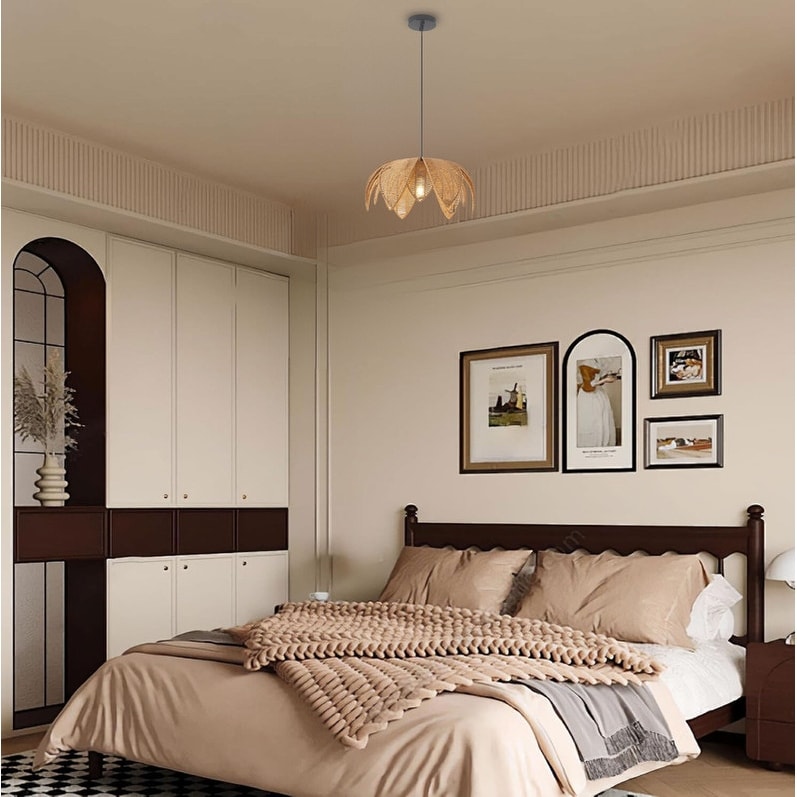 Boho hanging light woven rattan dining lights metal pendant light