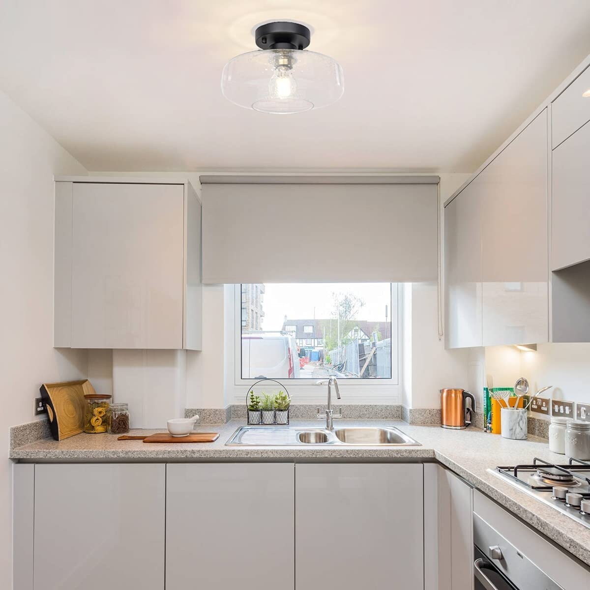 Farmhouse Semi Flush Mount Close to Ceiling Lights industrial black ceiling lighting fixture with glass shade