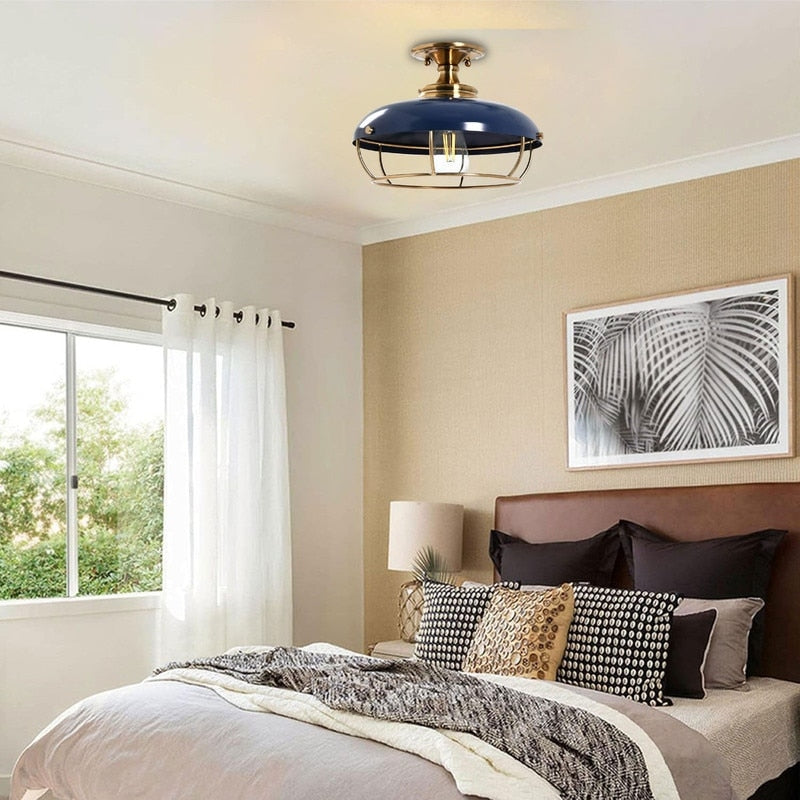 Industrial ceiling lighting brass and navy blue mount flush light , metal dining light