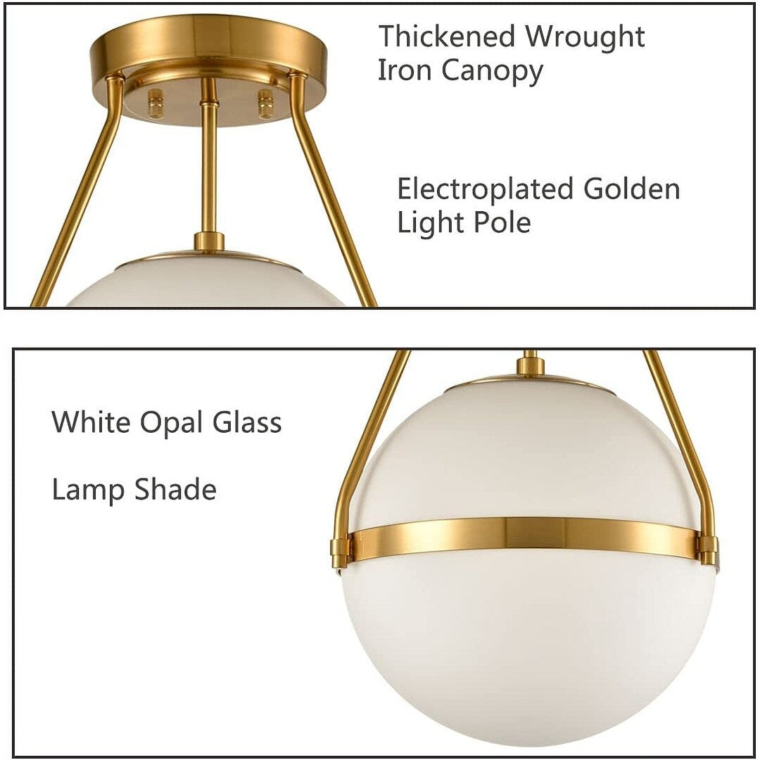 Modern globe semi flush mount ceiling light pendant white opal glass hanging light