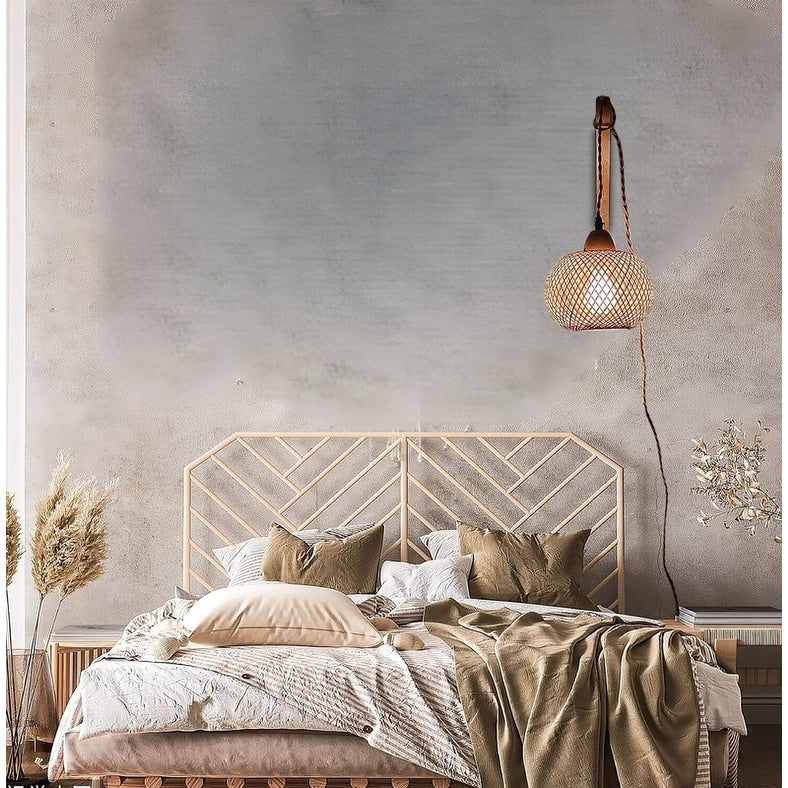 Plug in sconce light orange wall light rope, wood,bamboo,metal, diningroom light